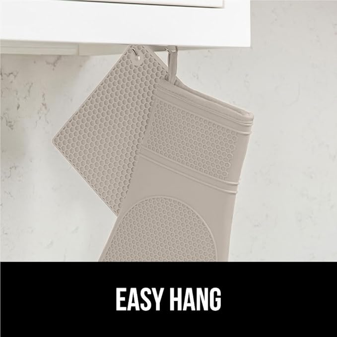 GORILLA GRIP BPA-Free Soft Silicone Oven Mitts and Pot Holders Sets of 4, Heat Resistant Waterproof Cooking Gloves, Thick Cotton Lining, Flexible Gripping for Baking Grilling, Kitchen Trivets, Almond