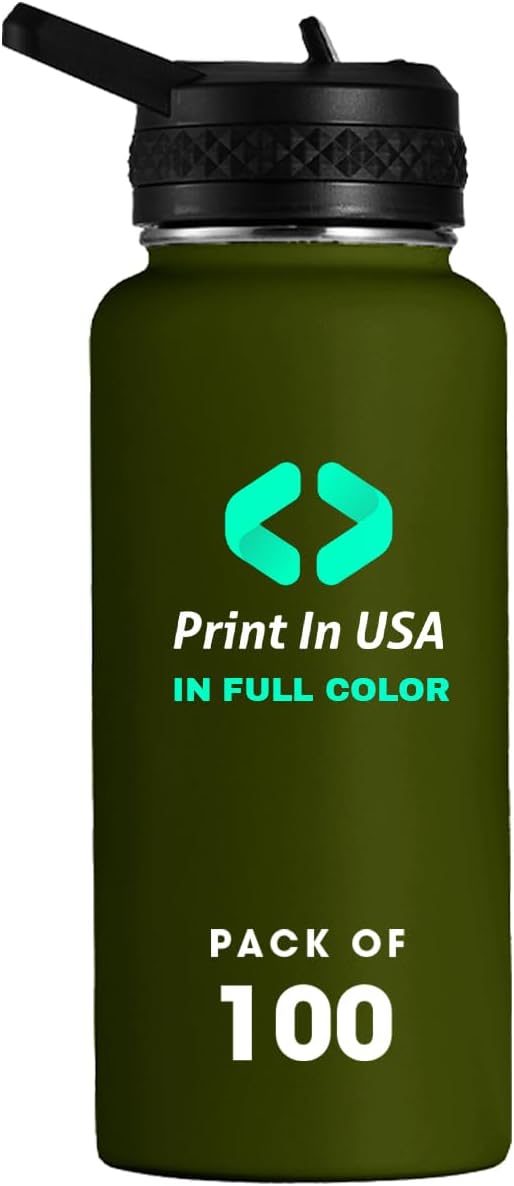 Personalized Custom Print in USA Water Bottle 100Pcs 32oz Stainless Steel Double Wall Coffee Cup with Lid & Straw Insulated Tumbler with Colorful Text Logo Photo