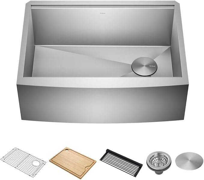 KRAUS Kore 27-Inch Farmhouse Workstation 16 Gauge Stainless Steel Kitchen Sink with Accessories, KWF210-27