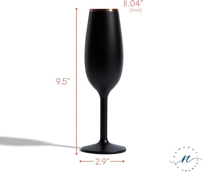 NEWPORT Stemware Collection, Premium Vacuum Insulated Stainless Steel Sparkling Wine & Champagne Flute, Crystal Thin Champagne Glass, Unbreakable & Drinks Stay Cold, Non-Slip Silicon Base, 6oz, Black
