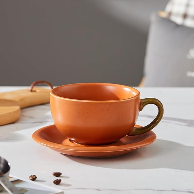Vintage Design 12 oz Ceramic Latte Art Cappuccino Barista Cup with Saucer (Pumpkin Orange)