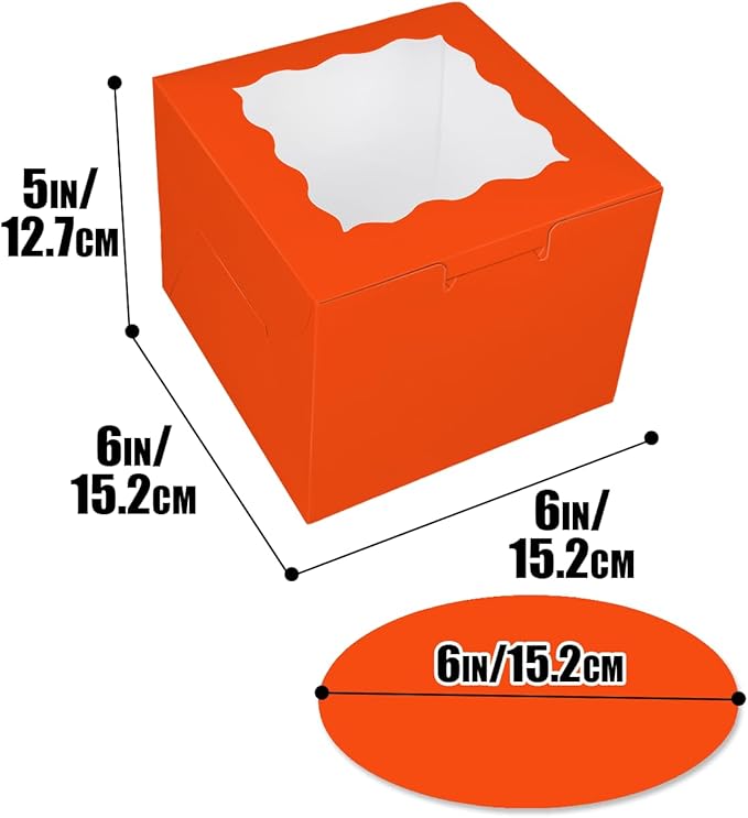 Bakepacker 36pcs 6x6x5 Inches Cake Boxes with Window 18-Packs Orange Cake Boxes 6 Inch Bakery Boxes (18 Cake Boxes +18 Cake Boards Included)