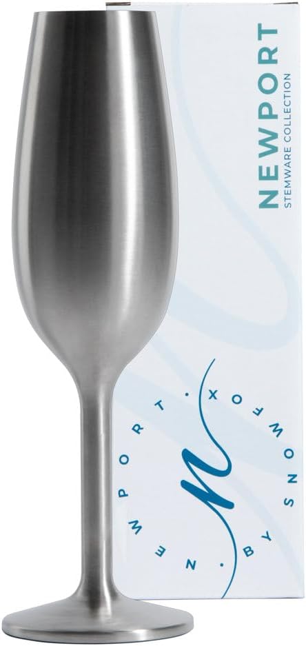NEWPORT Stemware Collection, Premium Vacuum Insulated Stainless Steel Sparkling Wine & Champagne Flute, Crystal Thin Champagne Glass, Unbreakable & Drinks Stay Cold, Non-Slip Base, 6oz, Dark Walnut