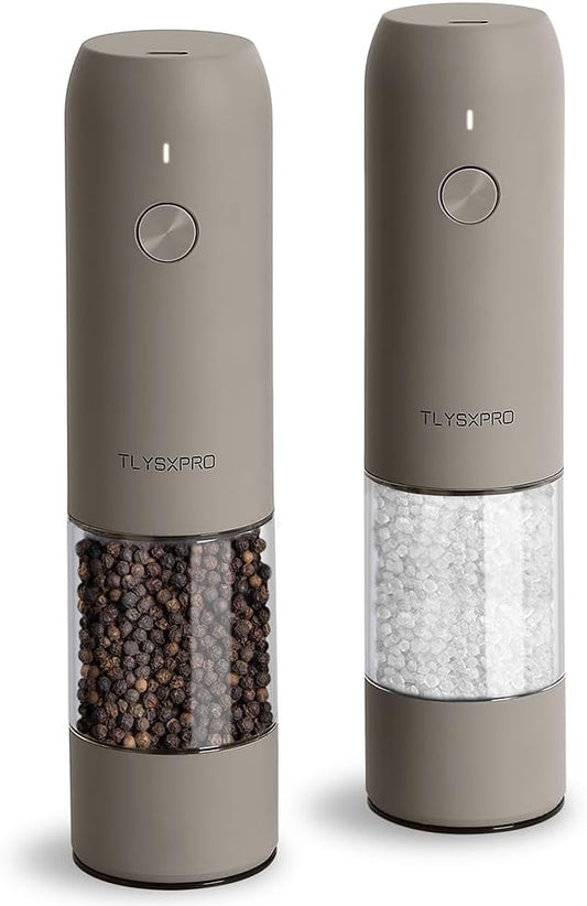 Electric Salt and Pepper Grinder Set, USB Rechargeable, Automatic Salt and Pepper Mill Grinder with Adjustable Coarseness, Electric Salt Shakers, LED Light, Refillable (2 Packs, Greige)