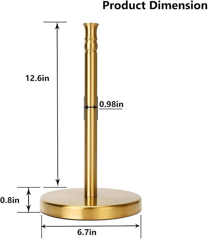 Paper Towel Holder, Stainless Steel Heavy Base (2LBS in Weight, and 6.7inch in Diameter), Gold Brushed Finish, Paper Towel Holder Countertop, Ripping Paper Towel Off One-Handed, No Wobbly