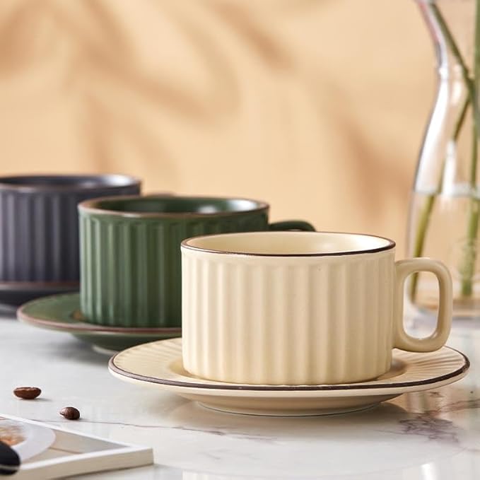 Cappuccino Cups with Saucers, 8 oz Ceramic Vertical Stripe Coffee Cup and Saucer set for Au Lait, Double shot, Latte, Cafe Mocha, Set of 4