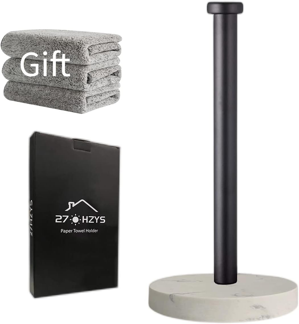 Paper Towel Holder Countertop, Standing Paper Towel Roll Holder for Kitchen Bathroom, with Weighted Marble Base for One-Handed Operation (Black), Black Paper Towel Holder, Marble