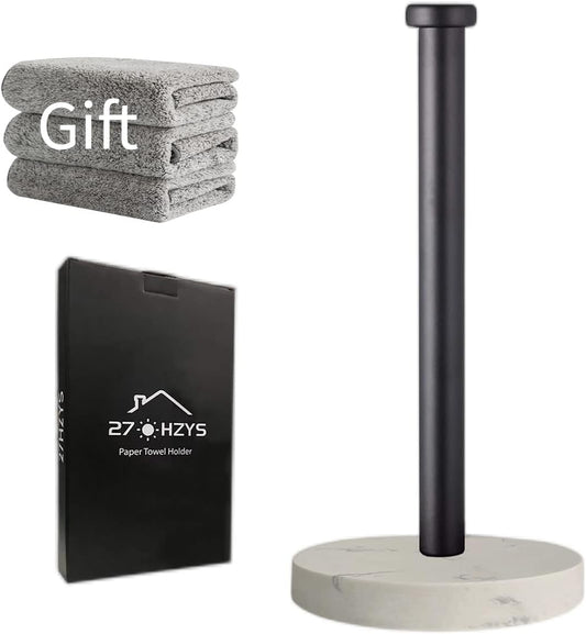 Paper Towel Holder Countertop, Standing Paper Towel Roll Holder for Kitchen Bathroom, with Weighted Marble Base for One-Handed Operation (Black), Black Paper Towel Holder, Marble