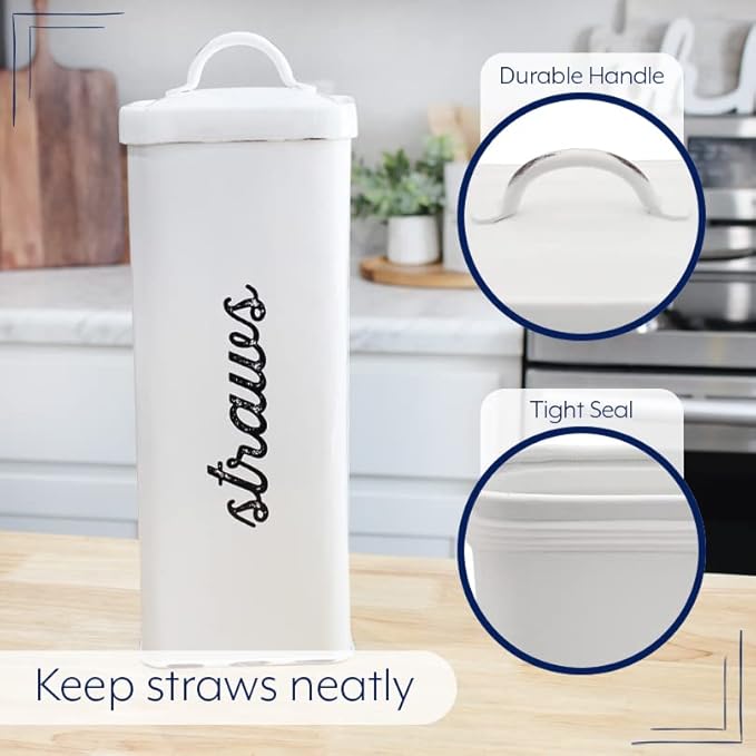 AuldHome Design Farmhouse Enamelware Straw Holder (White); Rustic Metal Straw Storage Canister