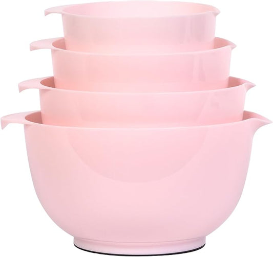 BoxedHome Nesting Plastic Mixing Bowl Set, 4 Piece Mixing Bowl Set with Pour Spouts, Size 1.7, 2.5, 3.5 and 4.5qt, for Prepping, Mixing, Baking, Cooking(2023 New Version, Pink)
