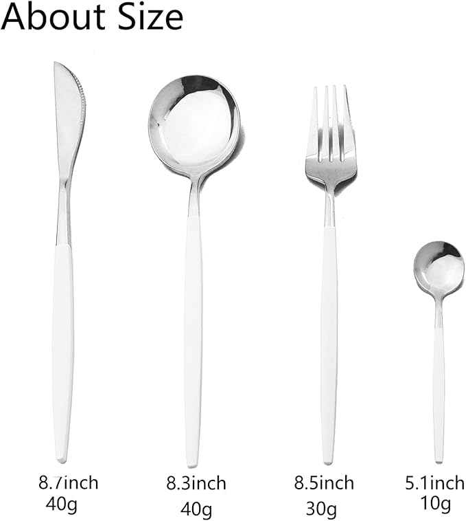 JASHII Flatware Serving Set 24 Piece, Stainless Steel Silverware Set, White Silver Cutlery Set, Modern Elegant Tableware Set for Party, Christmas, Dinner (White Silver)