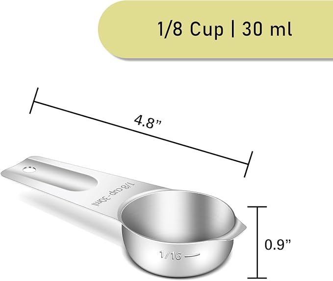 2PCS 1/8Cup (30ml, 1oz) Single Measuring Cup, Stainless Steel Measure Scoop, Metric and US Measurement, Heavy Duty, Dishwasher Safe