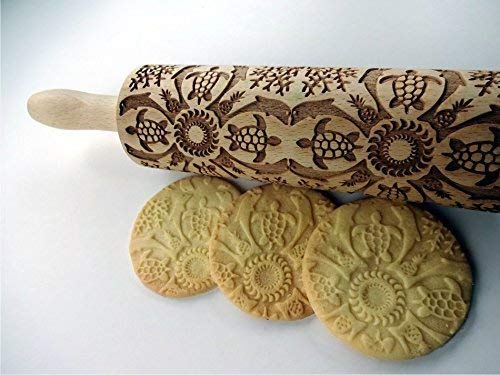 ROLLING PIN HAWAII LASER ENGRAVED with HAWAII PATTERN for EMBOSSED COOKIES PINEAPPLE DOLPHIN TURTLE SEASIDE BEACH SUN