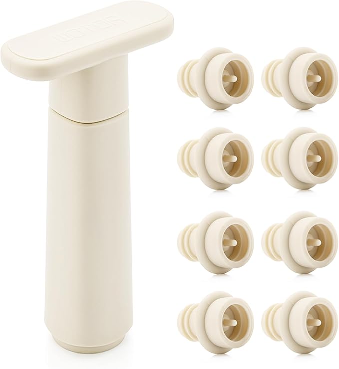 Wine Saver Vacuum Pump with 8 Stoppers, Wine Stopper & Preserver, Reusable Bottle Sealer Keeps Fresh, Ideal Accessories Gift, Flat Handle (Cream)