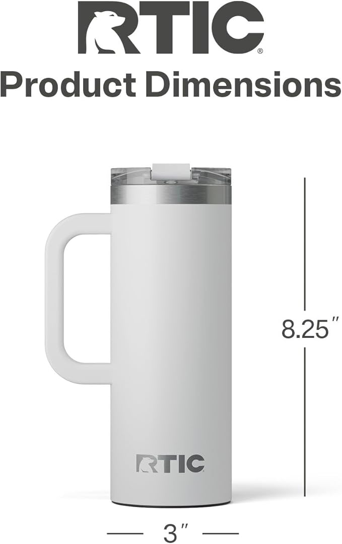 RTIC 20oz Road Trip Travel Mug with Lid and Handle, Ceramic Lined, Insulated, Stainless Steel, Metal, Double Wall Vacuum-Insulation, Portable Coffee, Tea Cup for Hot and Cold Drink, Cool Grey
