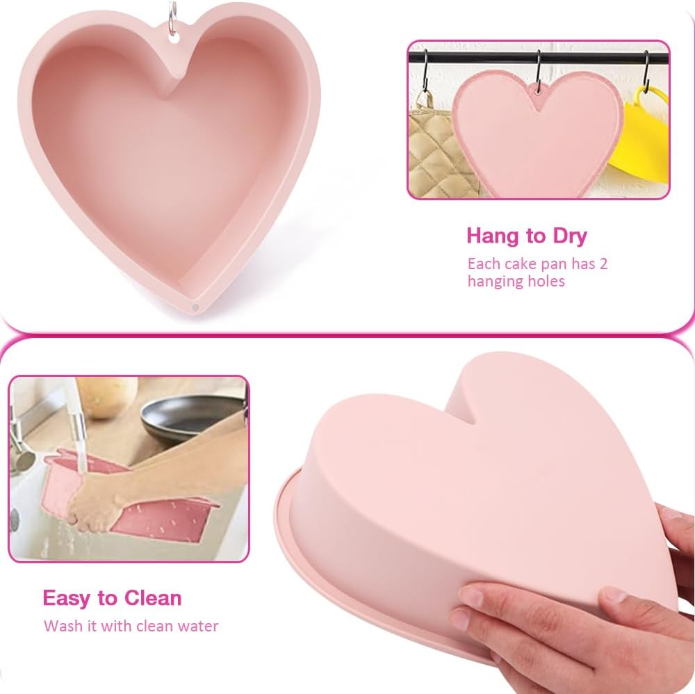 Alimat PluS Silicone Heart Shaped Cake Pans, 2pcs Heart Cake Pan 8 Inch with Hanging Hole(Pink)