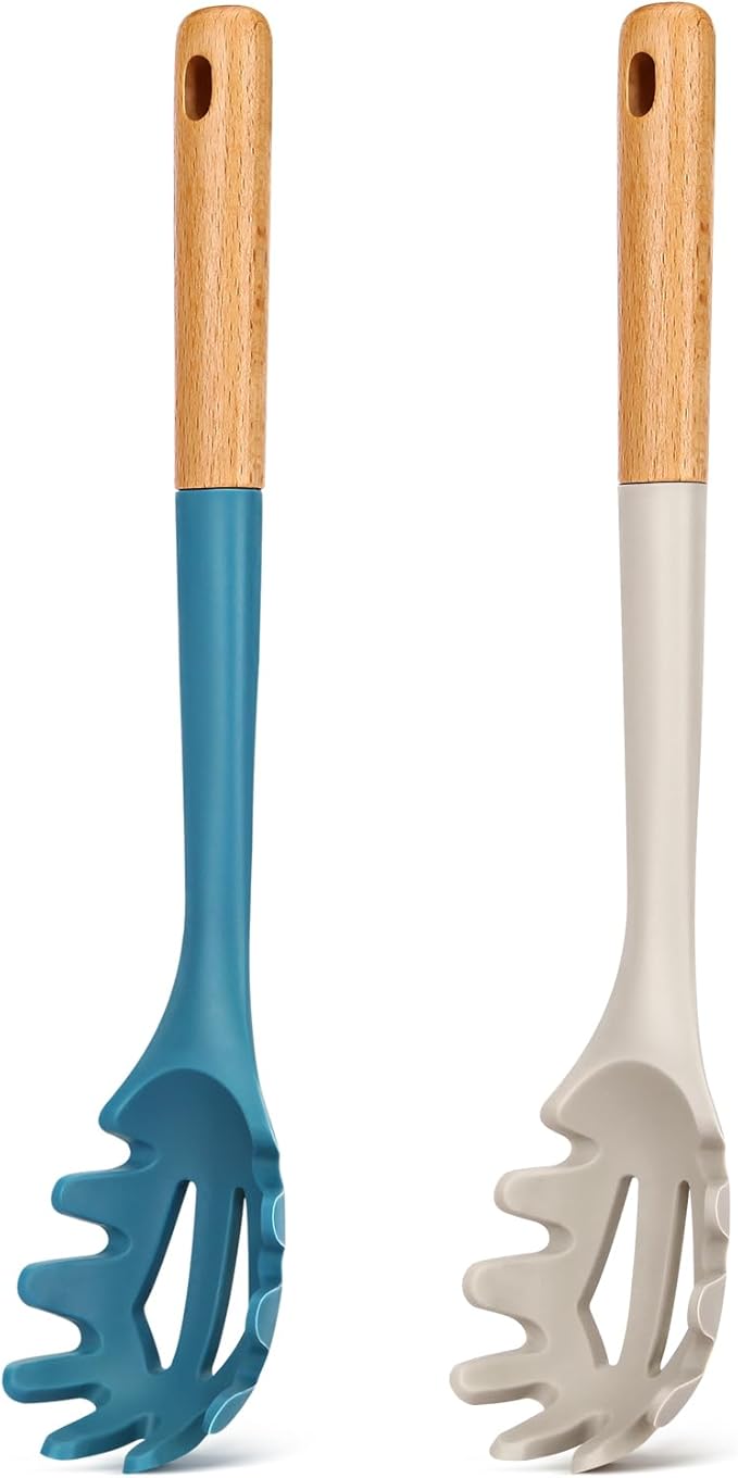 Silicone Pasta Fork, Kitchen Heat Resistant Noodle Spoon Server, BPA Free Spaghetti Strainer,12.8 inch (Khaki & Blue)