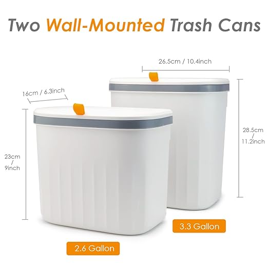 3.3+2.6 Gallon Kitchen Compost Bin for Counter Top or Under Sink, 2-in-1 Combo Pack Kitchen Hanging Trash Can Set with Lid, Plastic Wall-Mounted Garbage Can for Cupboard, Office