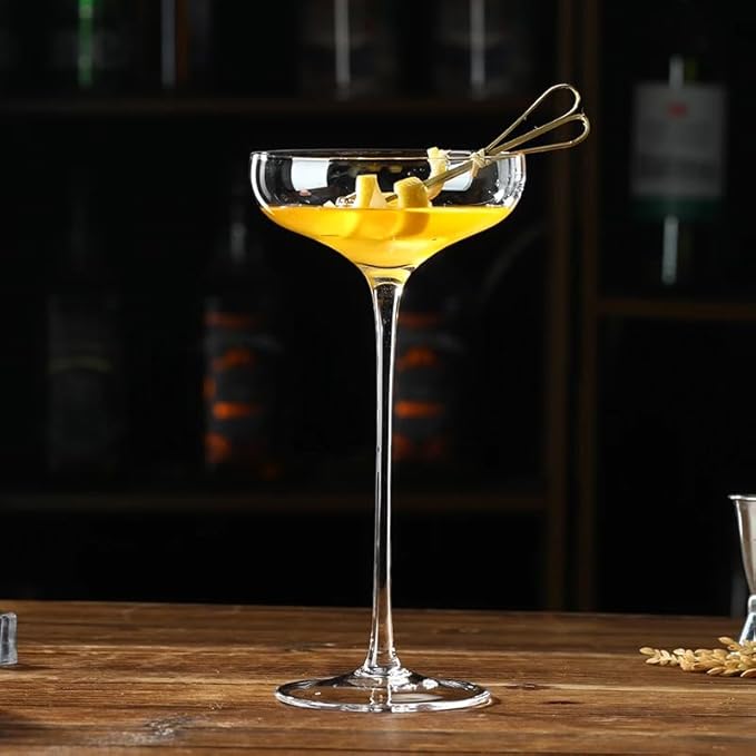 Crystal Cocktail Coupe Glasses, Long Stem, Hand Blown, 8 oz, Set of 4, Clear