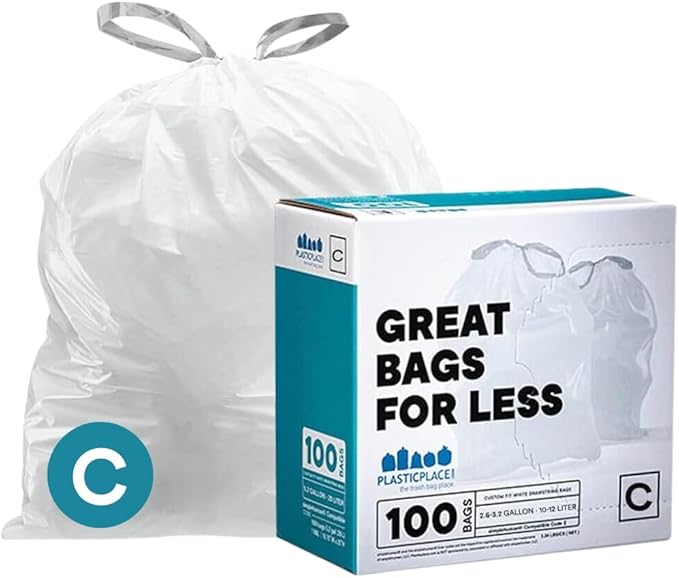 Plasticplace Trash Bags | Compatible with Simplehuman (x) Code C | (100 Count)│White Drawstring Garbage Liners 2.6-3.2 Gallon / 10-12 Liter │ 14.75" x 20"