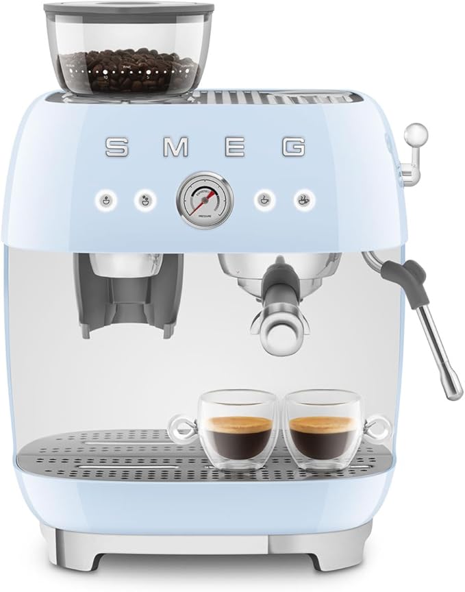 Smeg EGF03 Semi-Automatic Espresso Machine with Built-In Grinder, Dual Thermoblock, 50’s Retro Style – Pastel Blue (120 V)