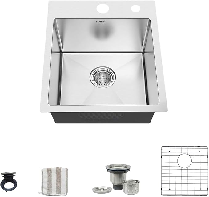 TORVA 18 Inch Kitchen Sink, 16 Gauge Stainless Steel Bar Sink Topmount Single Bar/Prep Basin, 9 Inches Deep