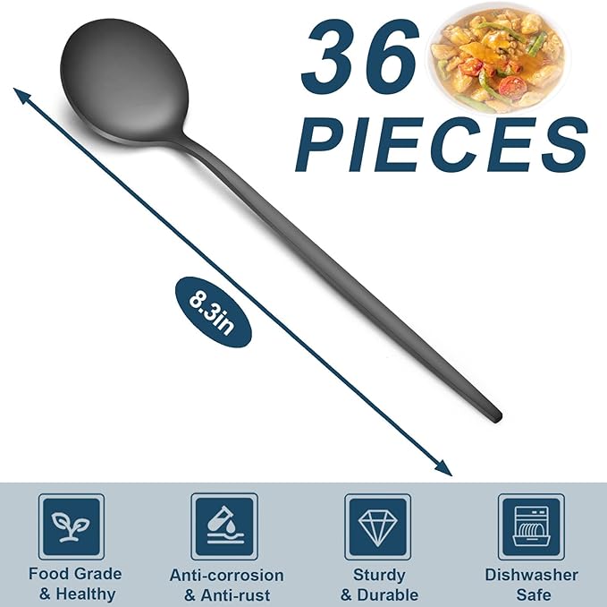 Pleafind 36-Pcs Matte Black Dinner Spoons, 8.3 inch Round Head Spoons, Stainless Steel, Dishwasher Safe
