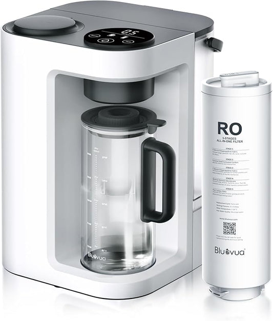 Bluevua RO100ROPOT-LITE Countertop Reverse Osmosis Water Filter System, 5 Stage Purification, 3:1 Pure to Drain, Portable Water Purifier (No Installation Required) (White)