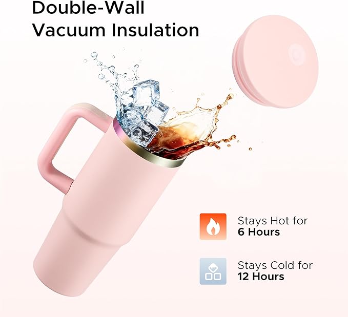 OMTech 40 oz. Tumblers with Handle & Lid, 12 Pack Tumbler Bulk with Double Wall Vacuum Insulation, Food-Grade Stainless Steel Insulated Coffee Mug, Sweatproof Travel Mug for Hot Cold Drinks, Pink