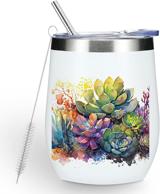 Watercolor Cactus Gardening Gifts Cute Succulent Wine Tumbler Insulated Wine Glasses 12 oz Tumbler with Lid for Women Men Cactus Lovers Female Girl Mom Grandma Coworker Birthday Christmas Anniversary