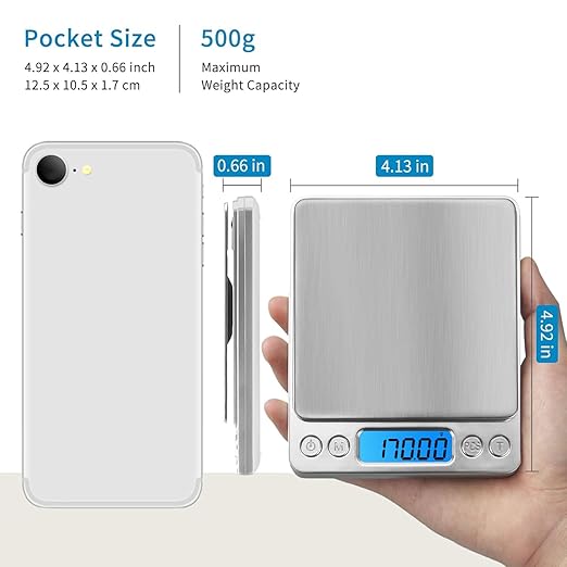 Digital Scale Kitchen 500g 0.01g Food Scale High Precision Kitchen Scale Multifunctional Stainless Steel Pocket Scale with Back-Lit LCD Display Tare PCS Features, 9 Weighing Units Switch