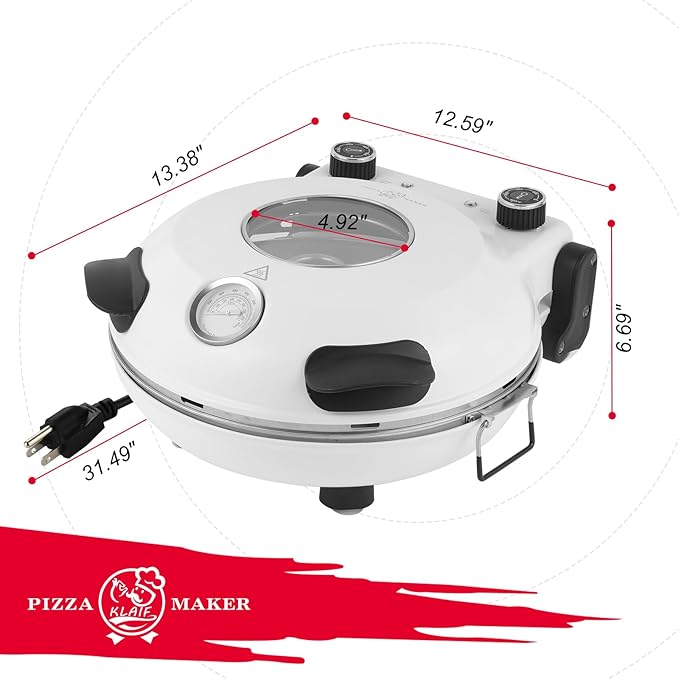 KLAIF 12" Electric Countertop Pizza Oven With Ceramic Stone, Dual Adjustable Temperature Controls, Includes 4 Pizza Tools (White)
