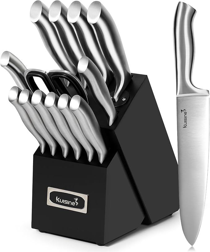 Kuisine Sharp Knife Set,One-piece Molding,Sharper Blade Ergonomic Non-slip Steel Handle,Block Knife Set Chef Knife Set with Built-in Sharpener(Black,15PCS)