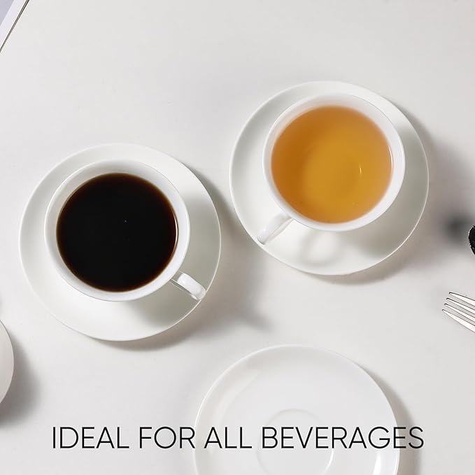 Fine Bone China Espresso Cups and Saucers Set of 4, 5 Oz Classic Plain White Luxury Ceramic Coffee Cups Set, for Wedding, Afternoon Tea, Gift, Work, Festival