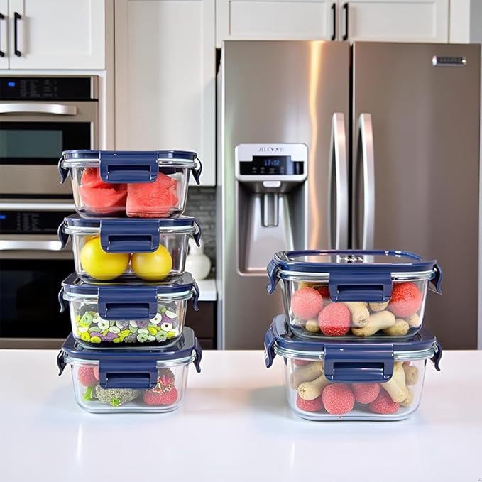 Small Square Glass Food Storage Containers With Lids，2 Cup Square Glass Containers, 16 oz Small Food Containers, Leak-proof lunch Bowls, Dishwasher Microwave Freezer Safe -(Dark Blue)