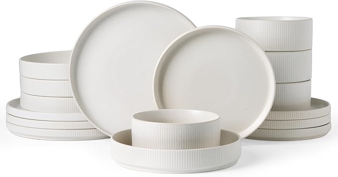 Famiware Star Dinnerware Set with Pasta Bowls, Service for 4 (16pcs), Ribbed Stoneware Plates and Double Bowls Dishes Sets - Chip & Scratch Resistant, Microwave & Dishwasher Safe, Matte White