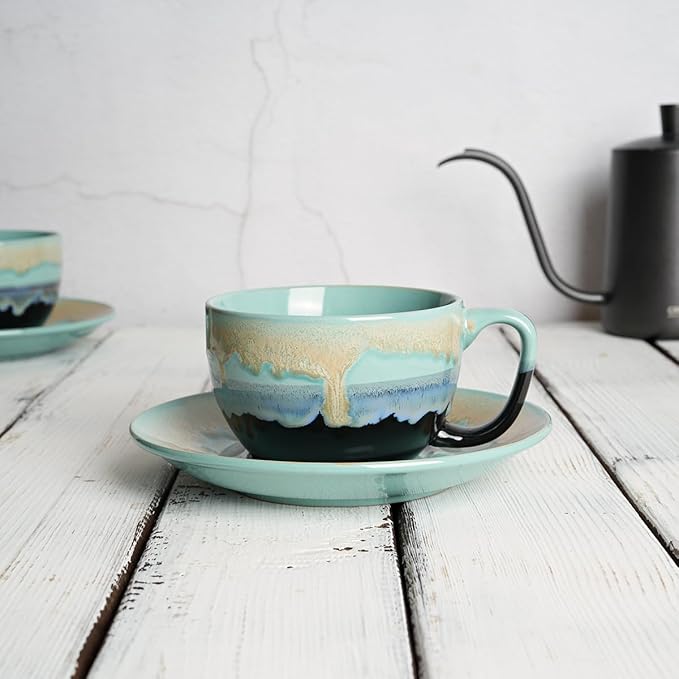 Bosmarlin Ceramic Cappuccino Cup and Saucer Set of 2, 10 Oz, Dishwasher and Microwave Safe, Coffee Cups for Latte, Espresso, Tea, Reavtive Glaze (Pastel Blue, 10 oz)