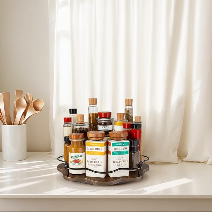 Wooden Lazy Susan Turntable Organizer for Cabinet, Table Top, Kitchen, Pantry, Bathroom, Vanity Countertop, Rotating Wood Lazy Susans Rack for Condiment, Seasoning, Spice Storage Organization(Petal)