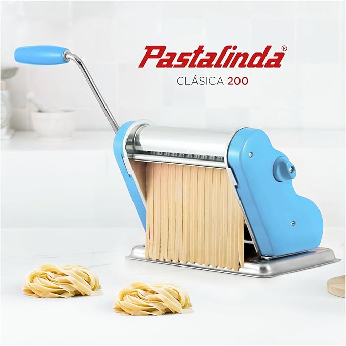 PASTALINDA Classic 200 Pasta Maker Machine, 20 cm Wide Rollers, 9 Thickness Positions, 2 Cutting Positions, Stainless Steel. Includes Reinforced Hand Crank And Two Clamps