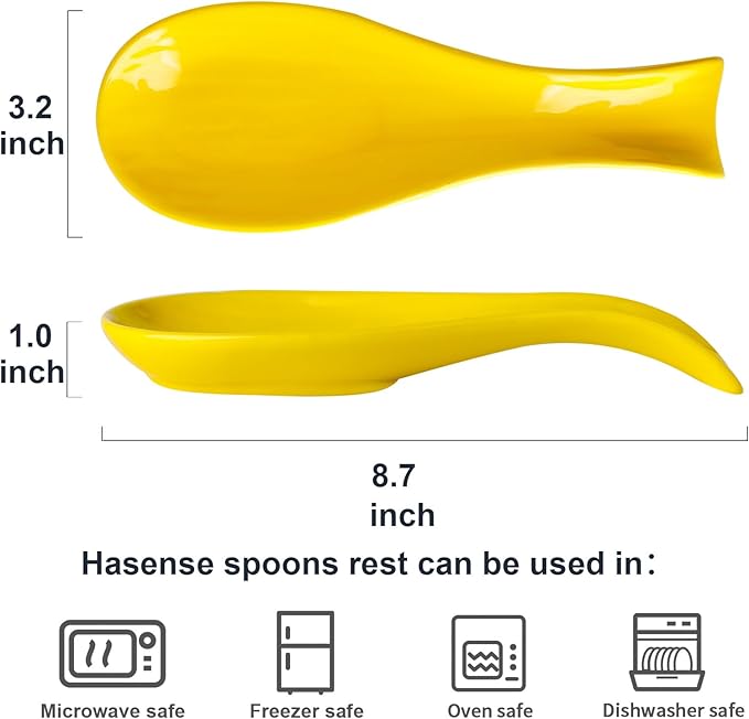 Ceramic Spoon Holder for Stove Top, Large Cooking Spoon Rest for Kitchen Counter, Hasense 8.7 Inch Utensil Rest for Spatula, Ladle and Tong, Microwave Safe, Yellow
