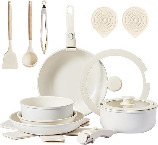 ROVSUN 19 Pcs Nonstick Pots and Pans Set, Cast Aluminum Kitchen Cookware Set with Detachable Handles, RV Kitchen Cooking Set and Utensils, Dishwasher Safe, PFAS PFOA & PFOS Free, Cream White