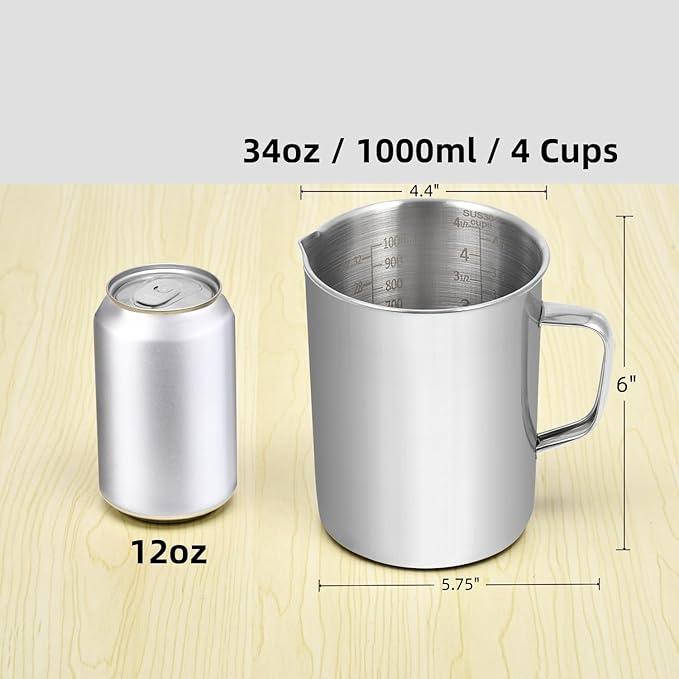 Kichwit Large Stainless Steel Measuring Cup, Liquid Metal Measuring Cup with Handle, 34oz / 1000ml / 4 Cups