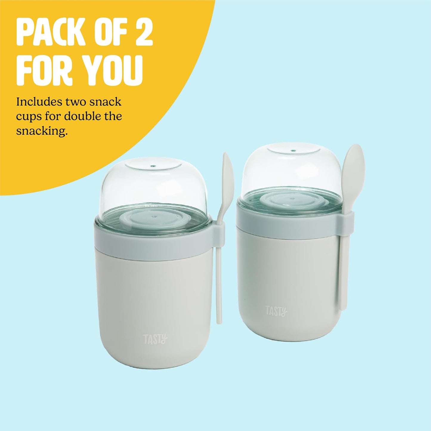 Tasty Travel Snack Cups with Spoons, On-The-Go Snacking, Divided Compartments, Great for Nuts, Cereal, Granola, Yogurt and More, Made Without BPA, 2-Pack, Aqua