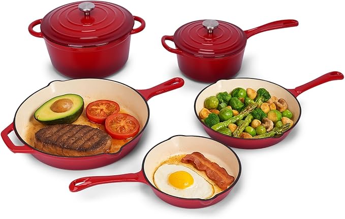 QuliMetal Nonstick Enameled Cast Iron Cookware Set, 5 Pcs Pots and Pans with Lid, Skillet, Frying Pan, Saucepan & Dutch Oven for All Stovetops, PFA Free - Ideal for Sourdough Bread Baking