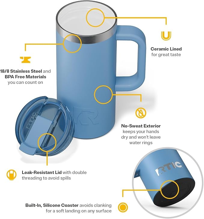 RTIC 16oz Road Trip Travel Mug with Lid and Handle, Insulated, Stainless Steel, Metal, Double Wall Vacuum-Insulation, Ceramic Lined, Portable Coffee, Tea Cup for Hot and Cold Drink, Denim
