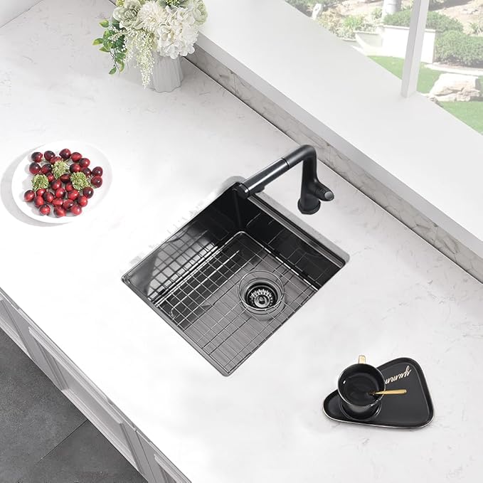 Black Undermount Bar Sink, 12 x 15 Inch Black Stainless Steel Undermount Small Basin Wet Bar Single Bowl RV Kitchen Sink with Cutting Board