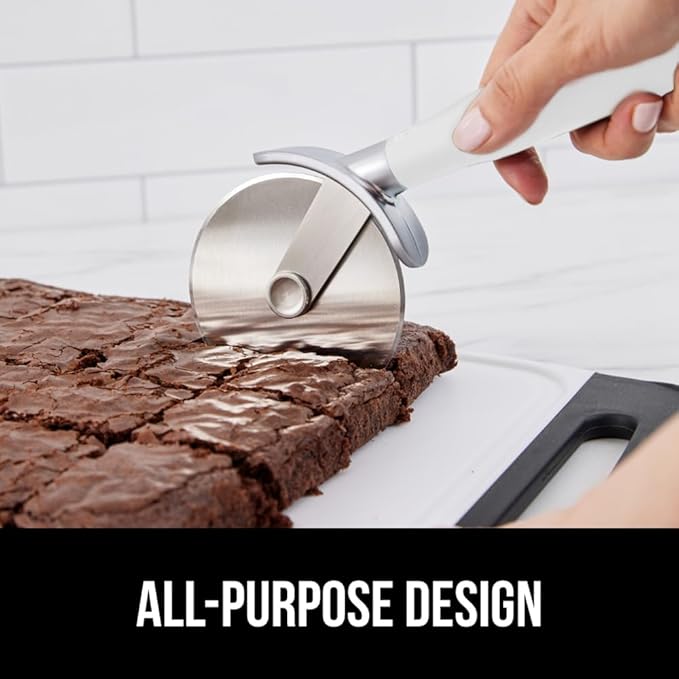 GORILLA GRIP BPA-Free Large Pizza Cutter Wheel, 9 Inch, Sharp Stainless Steel Blade, Slip Resistant Handle with Thumb Guard Protection, Slice Thick or Thin Pizzas, Pie, Pastries in Seconds, White