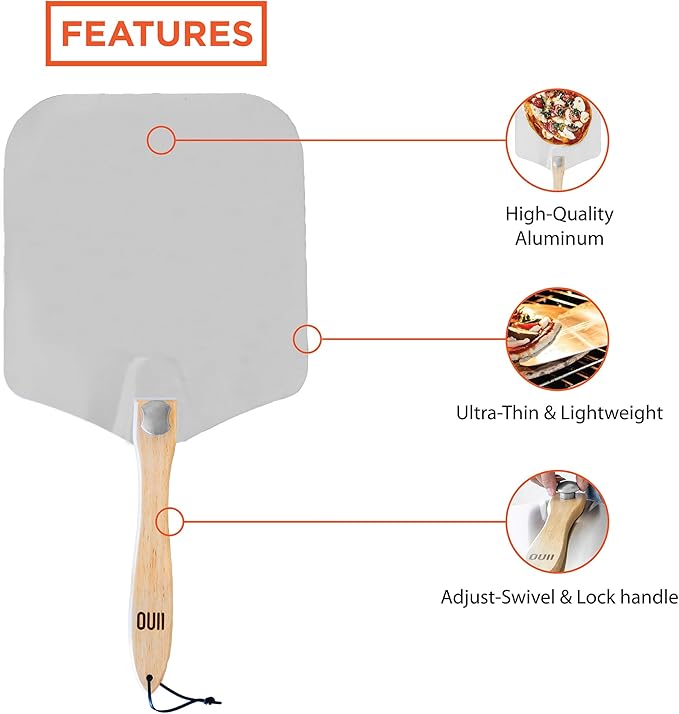 Pizza Peel - 16 x 14-inch Aluminum Metal Spatula Paddle for Extra Large Pizzas. Foldable Wood Handle for Easy Storage, Pizza Oven Accessories. Premium Tool for Baking Homemade Pizza Bread.