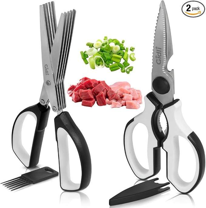 Gidli 2 Pack Kitchen Scissors & Kitchen Shears - Lifetime Replacement Warranty - Herb Scissors with 5 Blades and Cover - Heavy Duty Vegetable Salad Multi Blade All-Purpose Food Shears Dishwasher Safe