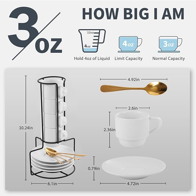 Lareina 3-Ounce Espresso Cups with Saucers, Spoons and Metal Stand, Small Stackable Coffee Cups Set of 4, Ceramic Demitasse Mugs, White